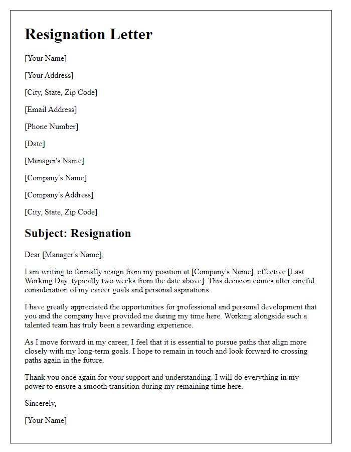 Letter template of resignation for aligning with career goals