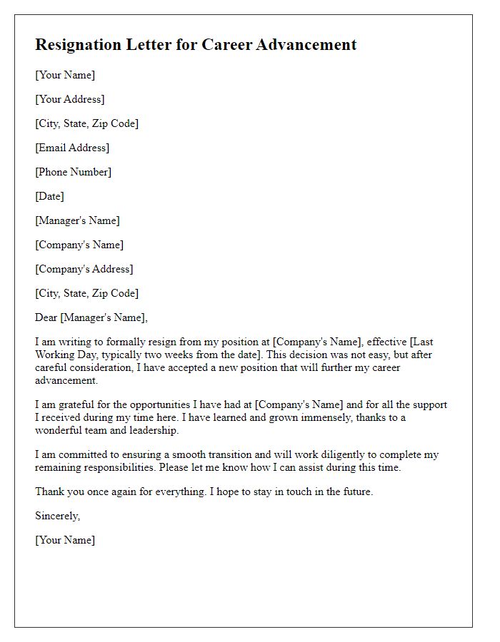 Letter template of resignation for career advancement