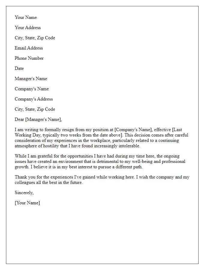 Letter template of resignation addressing workplace hostility