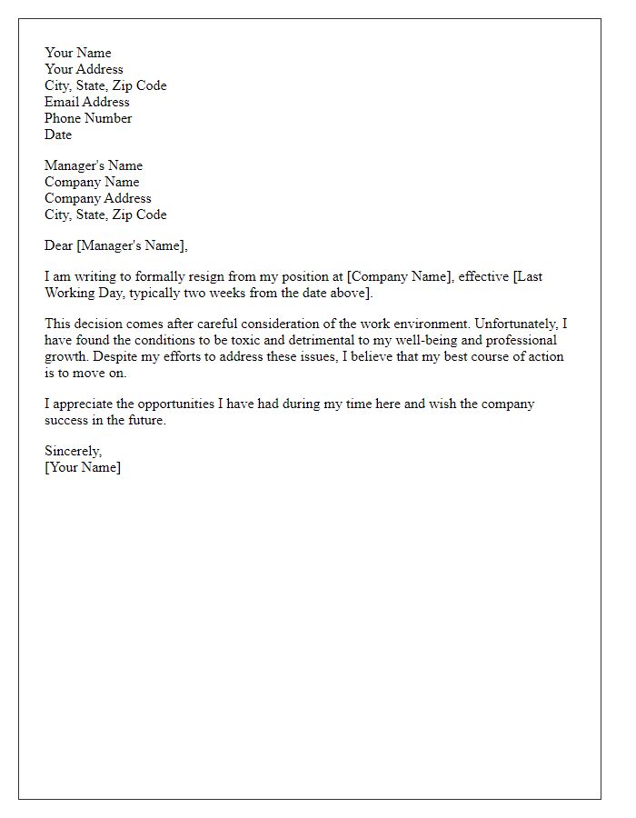 Letter template of resignation citing toxic work conditions