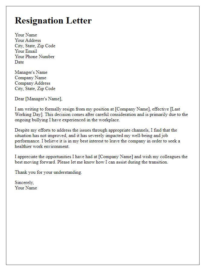 Letter template of resignation due to bullying at work