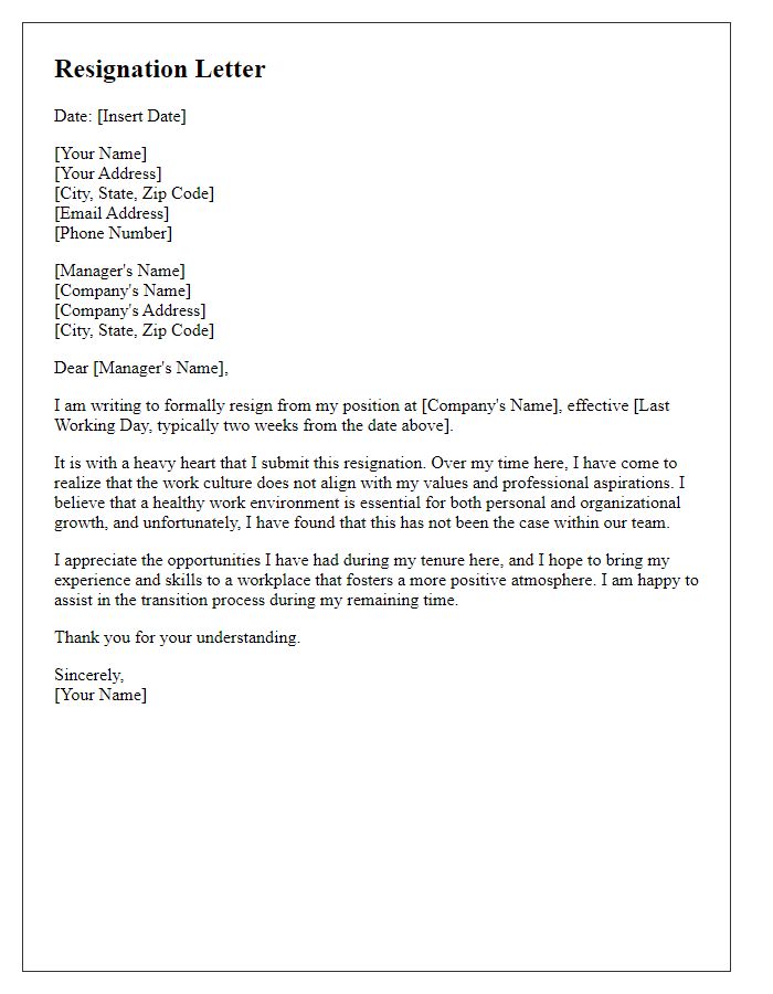 Letter template of resignation expressing discomfort with work culture