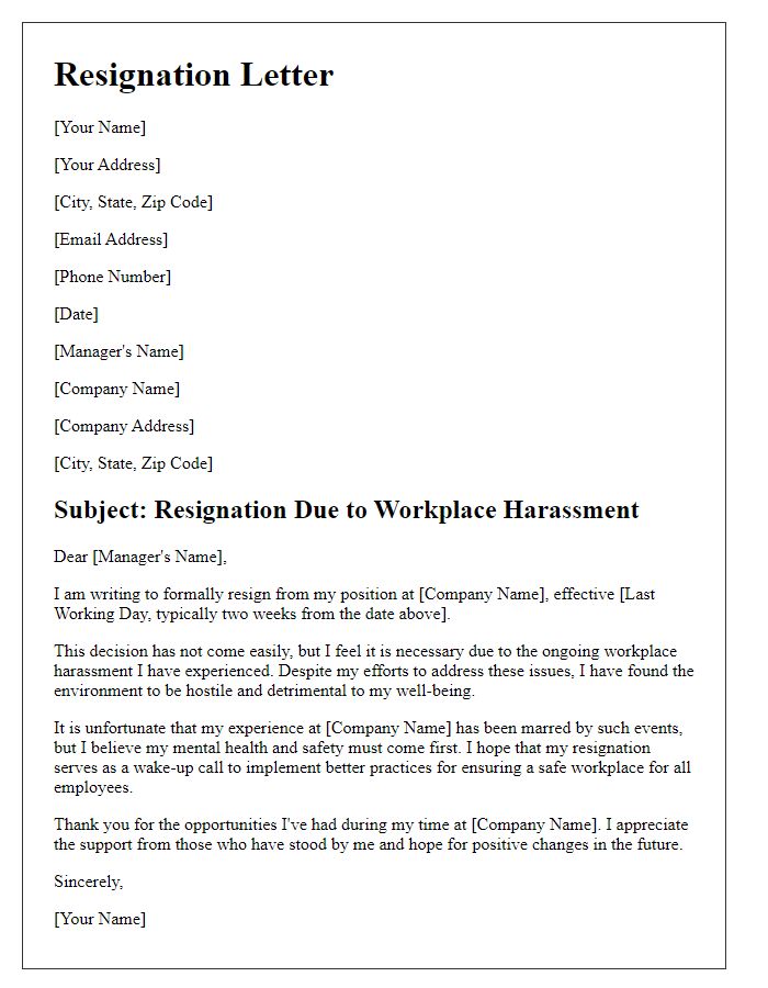 Letter template of resignation highlighting workplace harassment