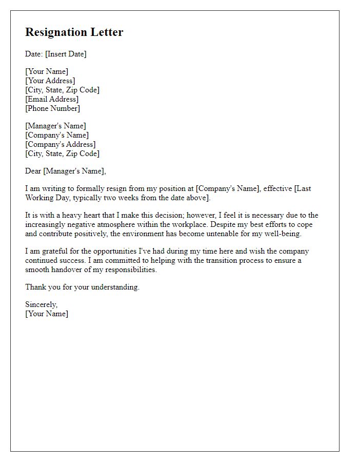 Letter template of resignation motivated by negative work atmosphere