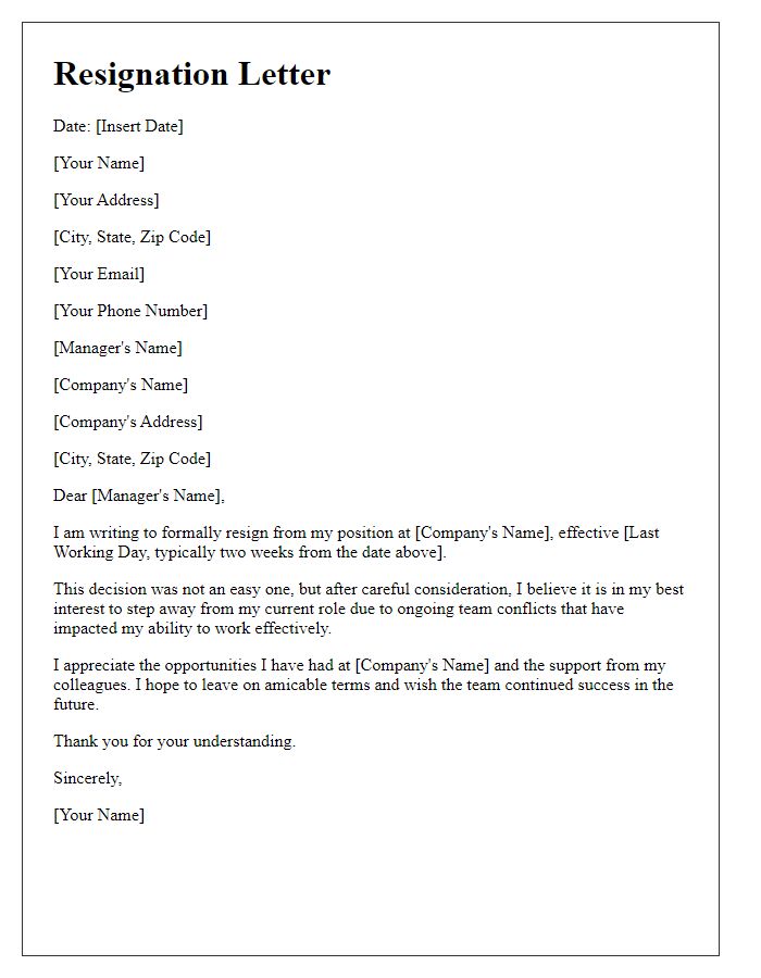 Letter template of resignation related to team conflict