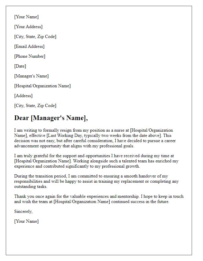 Letter template of resignation from nursing position for career advancement.