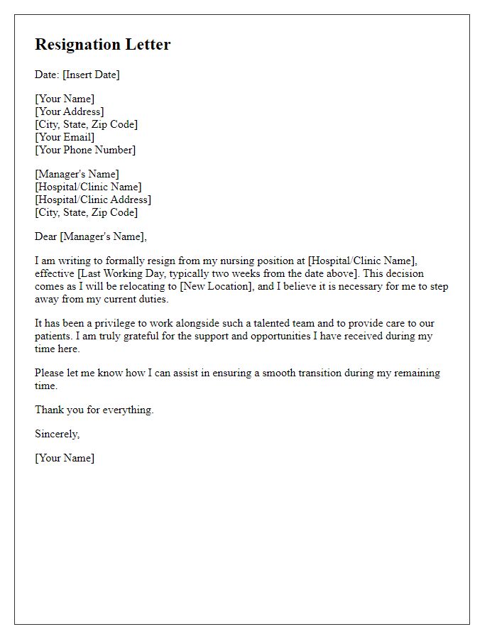 Letter template of resignation from nursing position for relocation.