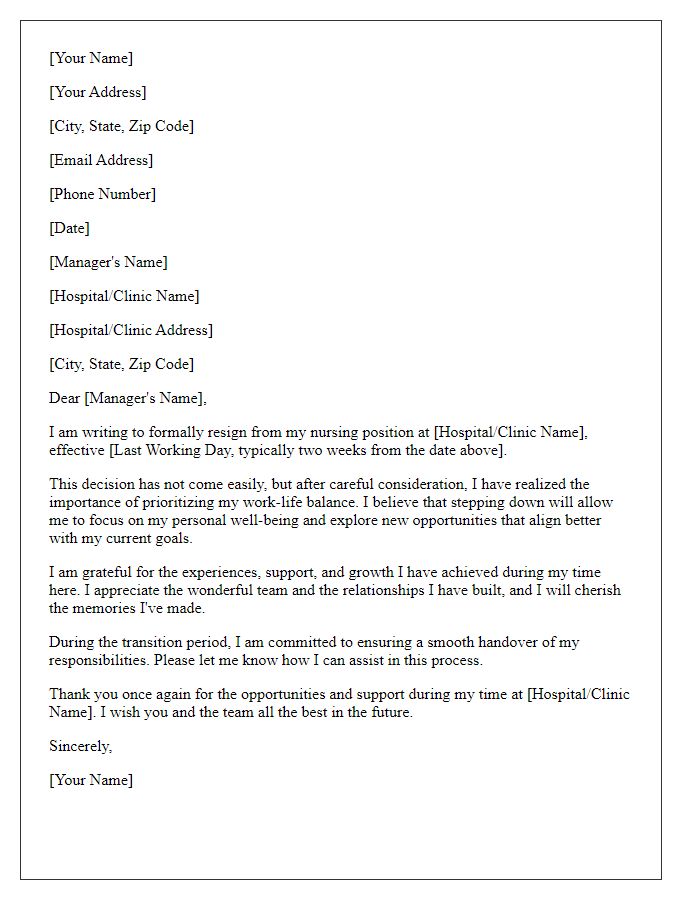 Letter template of resignation from nursing position for work-life balance.