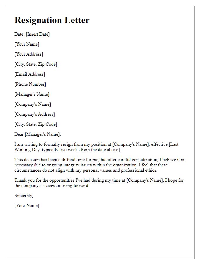 Letter template of resignation addressing integrity issues.