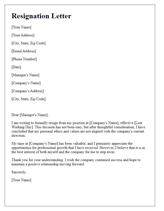 Letter template of resignation citing personal ethics.