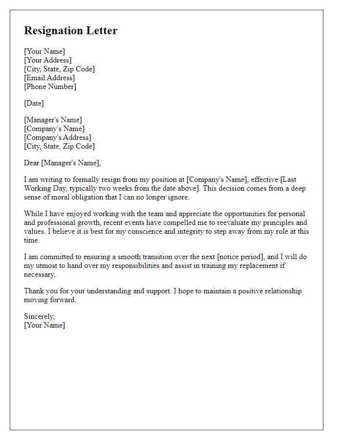 Letter template of resignation due to moral obligations.