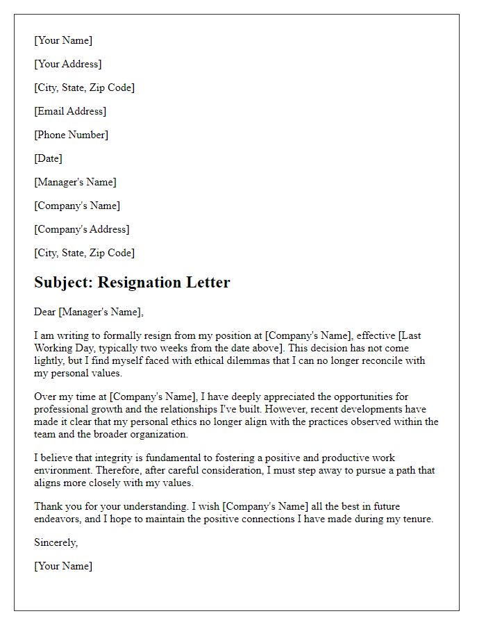 Letter template of resignation motivated by ethical dilemmas.