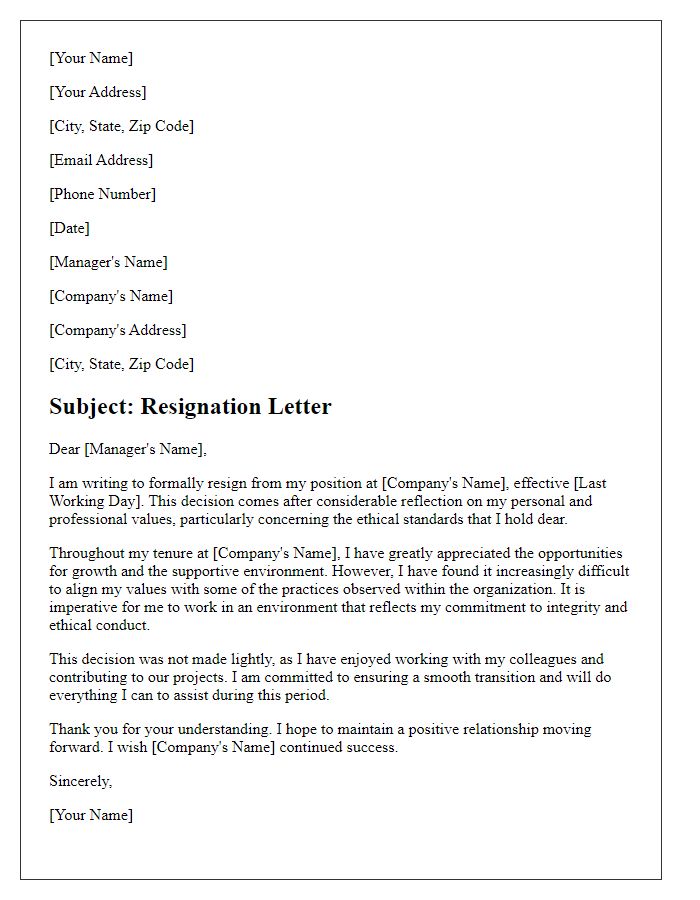 Letter template of resignation reflecting on ethical standards.