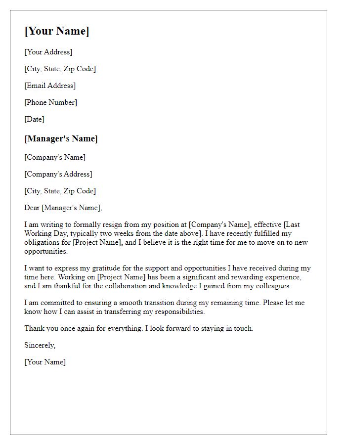 Letter template of resignation after fulfilling a significant project obligation.