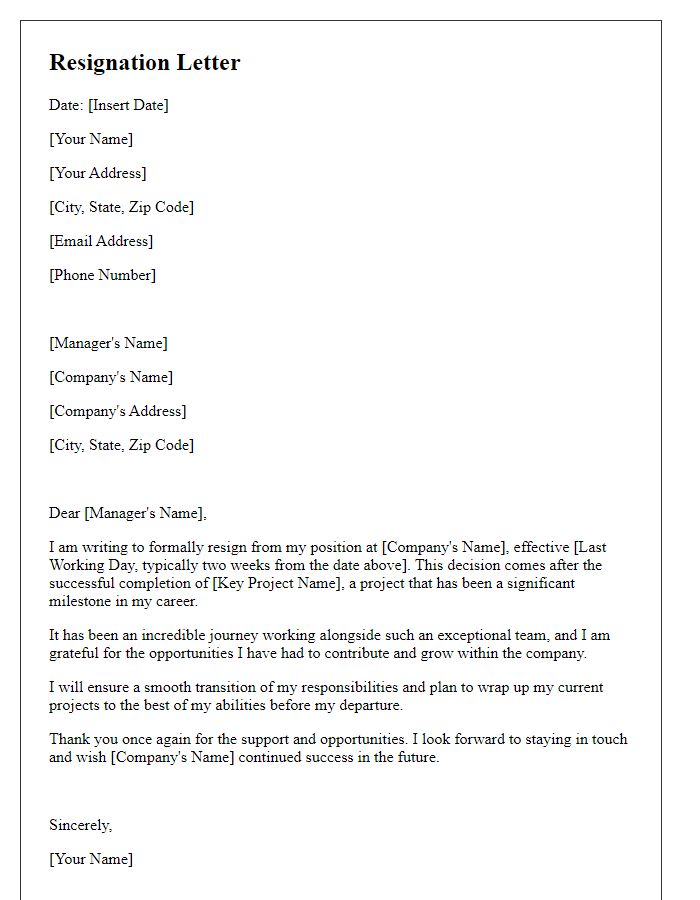 Letter template of resignation post the achievement of a key project milestone.