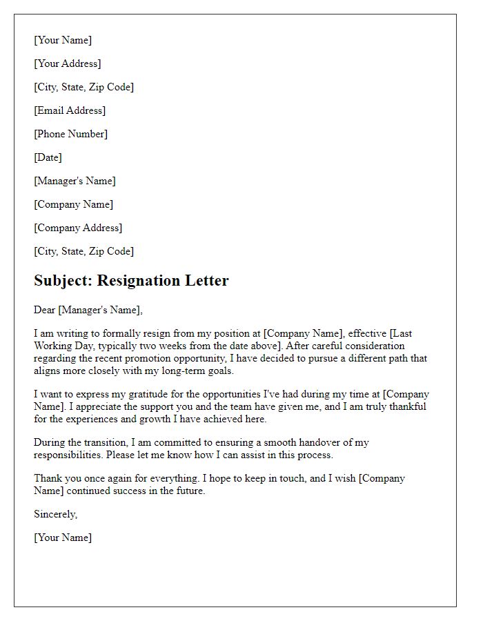 Letter template of resignation after deliberating over a promotion opportunity