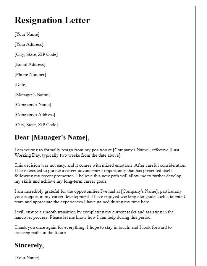 Letter template of resignation based on career advancement opportunity after promotion