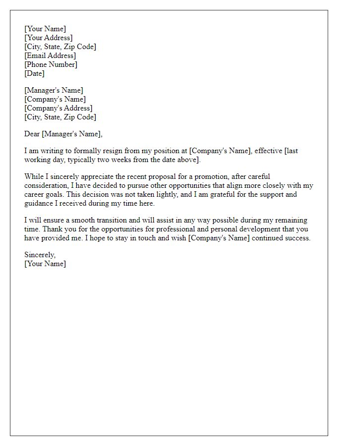 Letter template of resignation following a recent promotion proposal