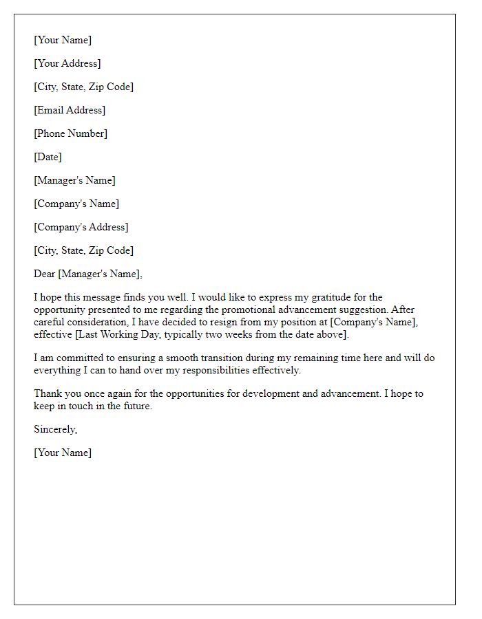 Letter template of resignation in response to a promotional advancement suggestion