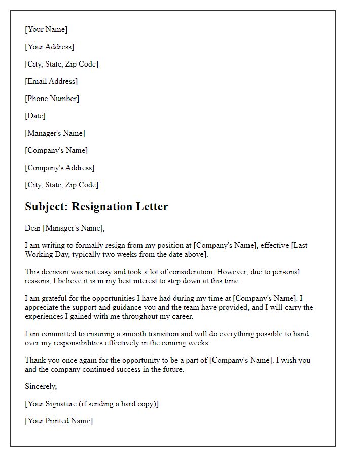 Letter template of resignation due to personal reasons