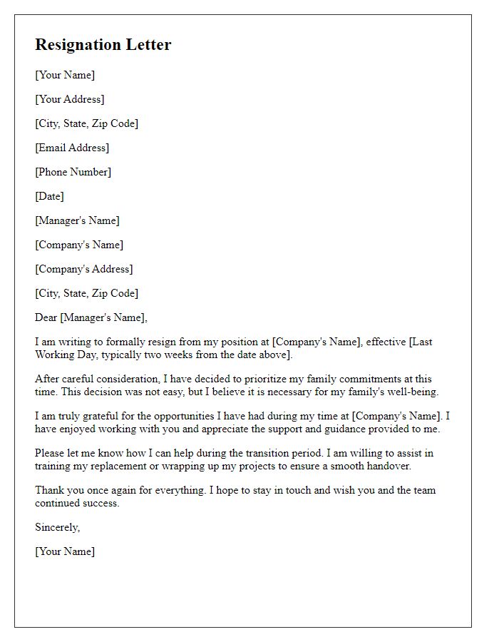 Letter template of resignation focused on family commitments