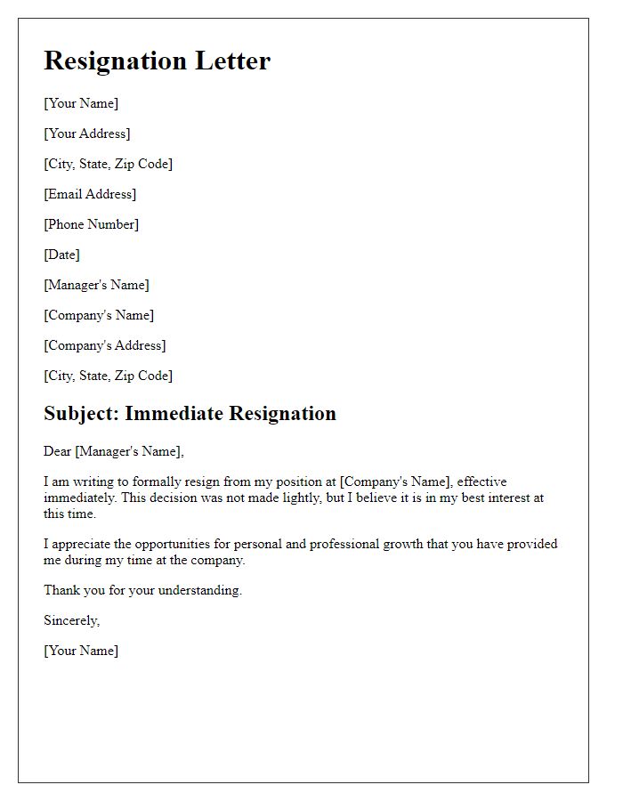 Letter template of resignation with immediate effect