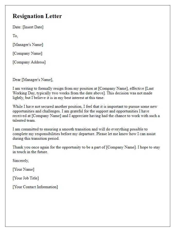 Letter template of resignation without securing another position