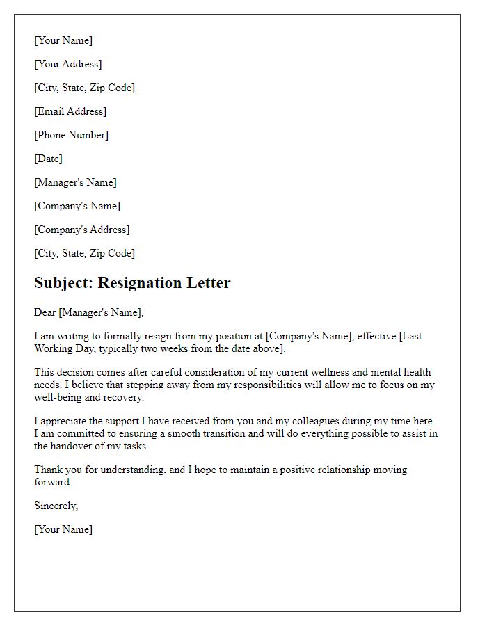 Letter template of resignation addressing wellness concerns.