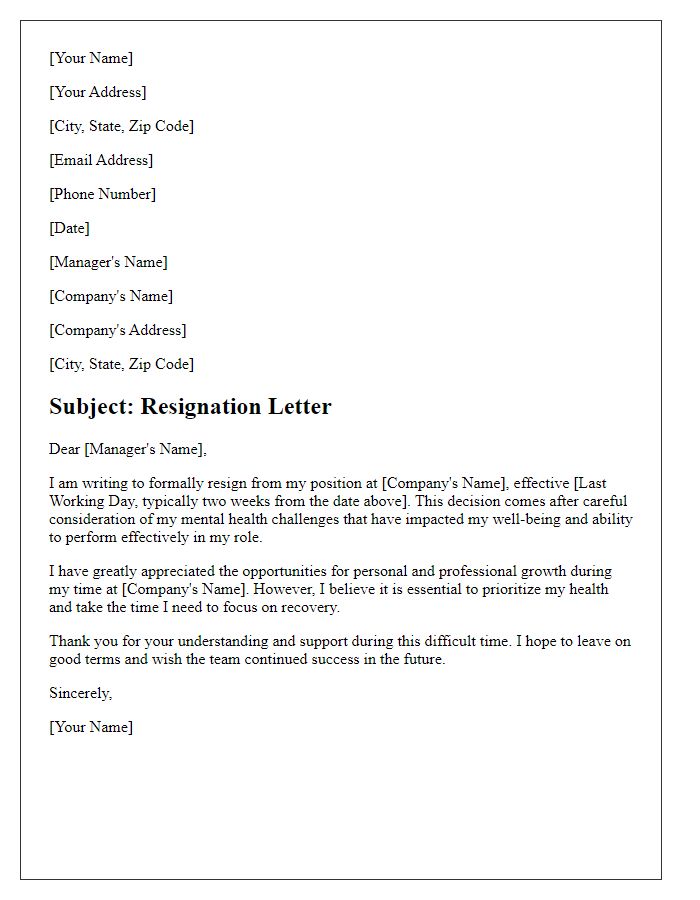 Letter template of resignation citing mental health challenges.