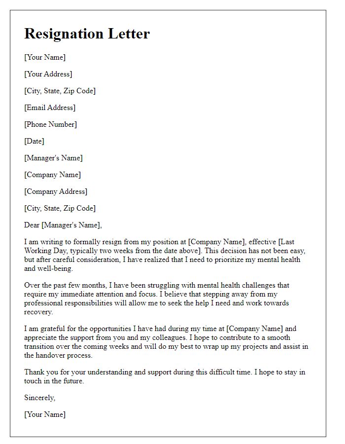 Letter template of resignation explaining mental health needs.