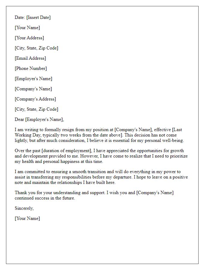 Letter template of resignation focusing on personal well-being.