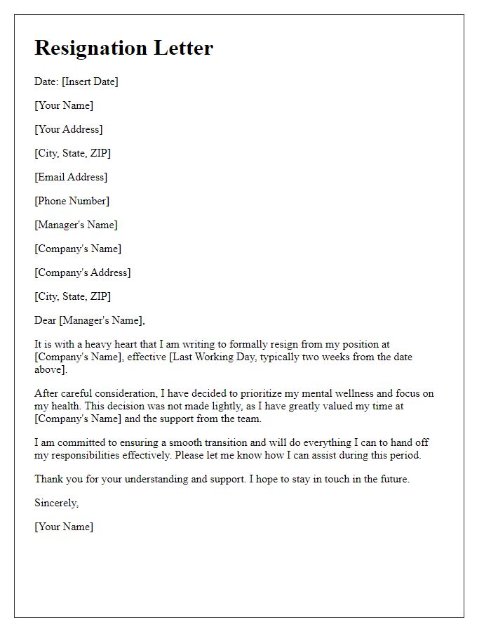 Letter template of resignation referring to mental wellness.