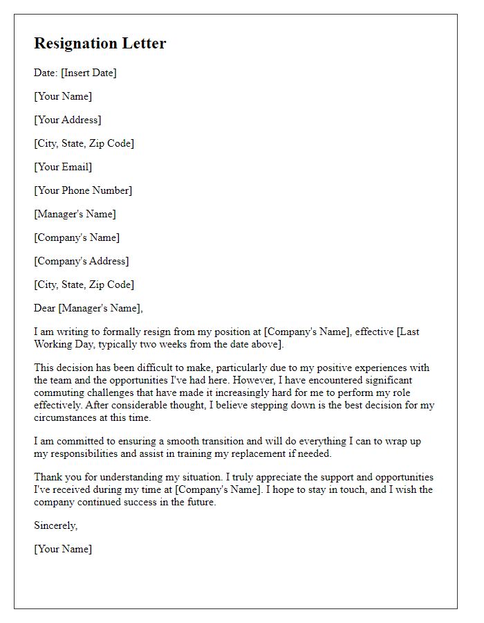 Letter template of resignation citing commuting challenges