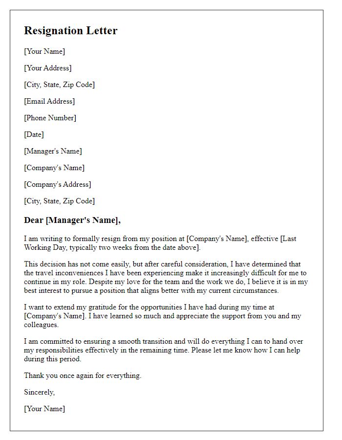 Letter template of resignation prompted by travel inconveniences