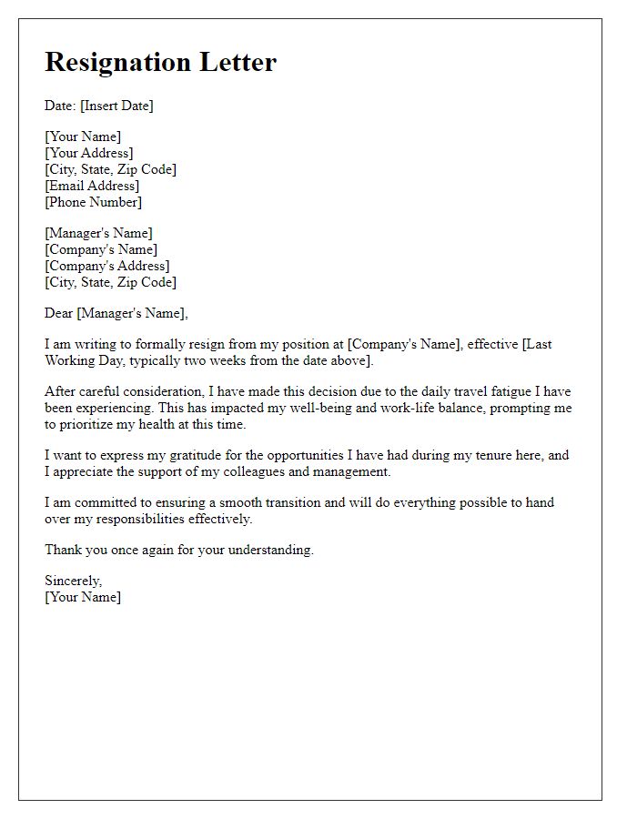 Letter template of resignation stemming from daily travel fatigue