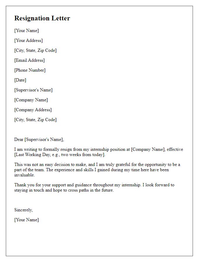 Letter template of resignation from internship position.