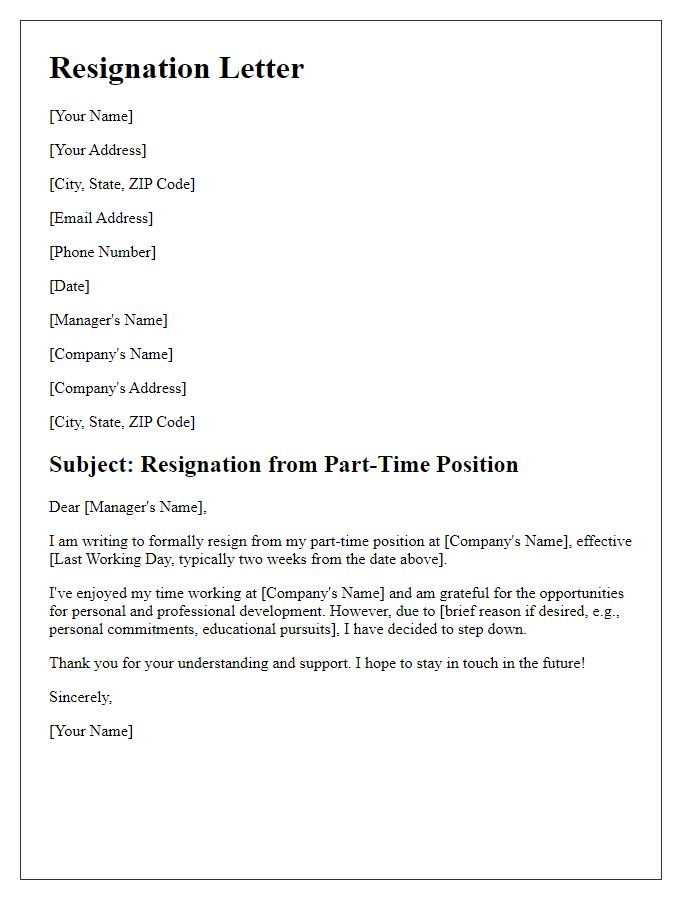 Letter template of resignation from part-time role.