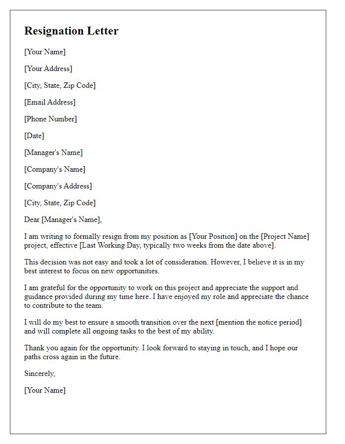 Letter template of resignation from project-based role.