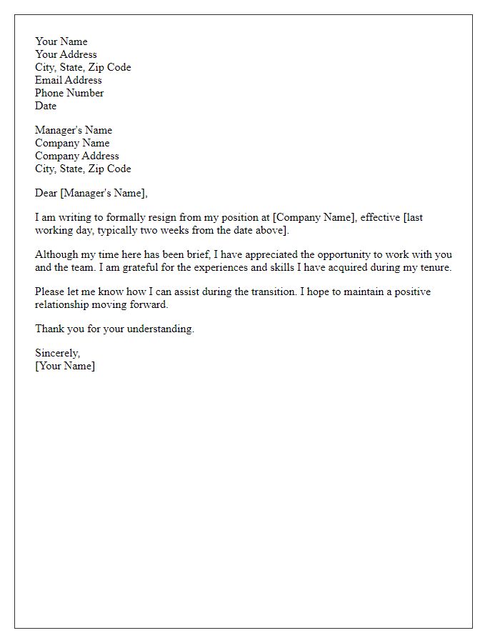 Letter template of resignation from short-term employment.