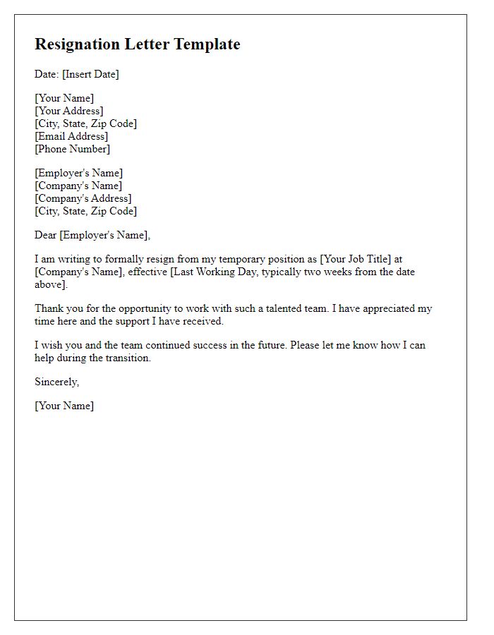 Letter template of resignation from temporary position.