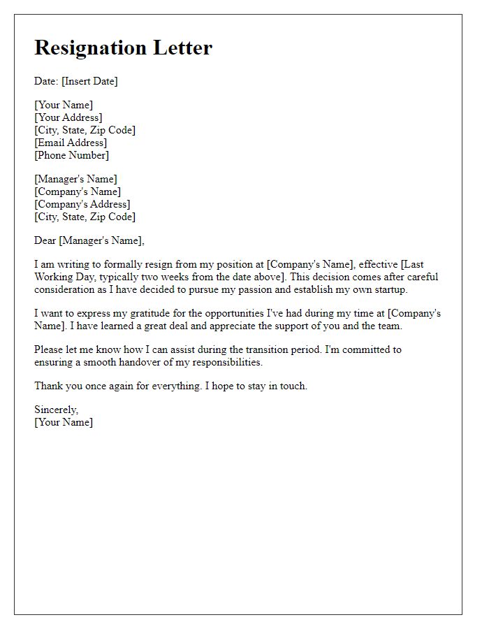 Letter template of resignation for establishing a startup