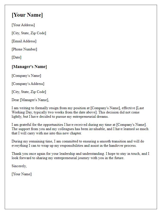 Letter template of resignation to pursue entrepreneurial dreams