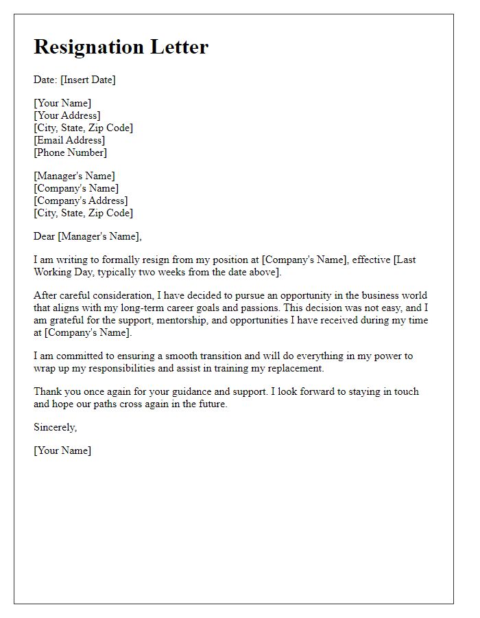 Letter template of resignation to take a leap into the business world