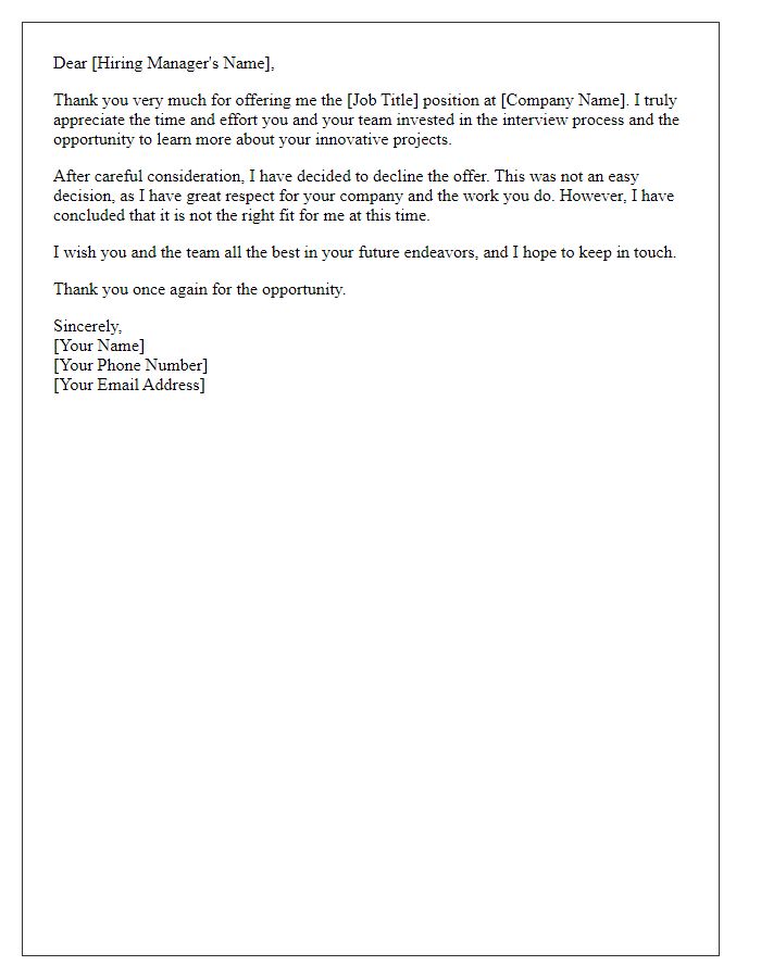 Letter template of courteously refusing a job offer