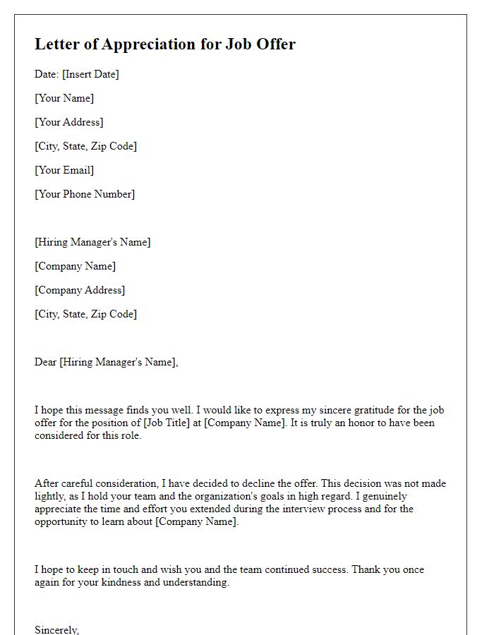 Letter template of expressing appreciation while declining job offer