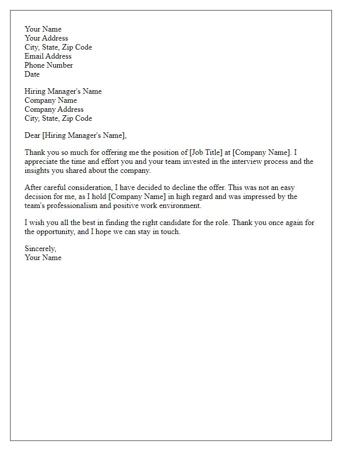 Letter template of politely rejecting a job offer