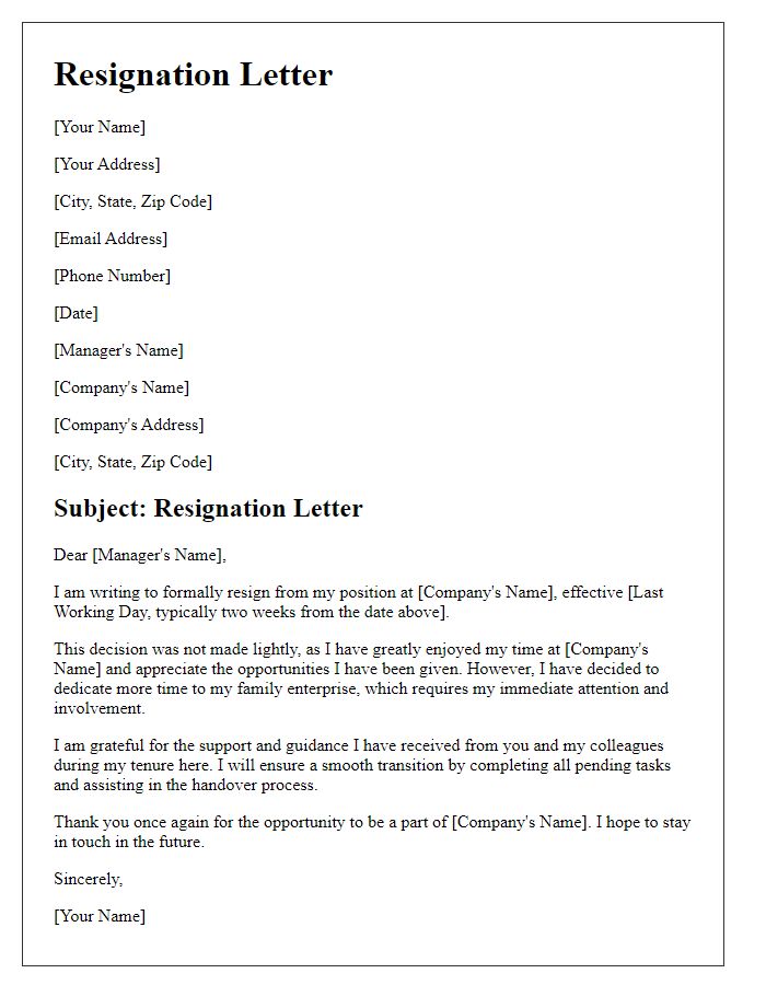 Letter template of resignation to dedicate time to family enterprise