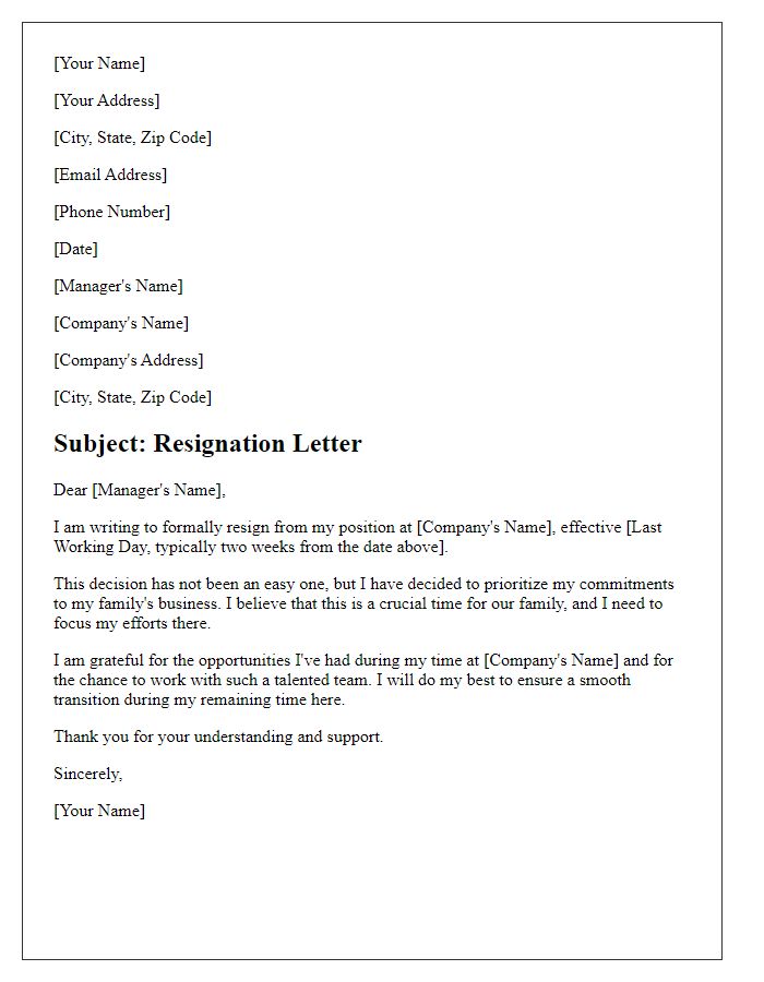 Letter template of resignation to prioritize family business commitments