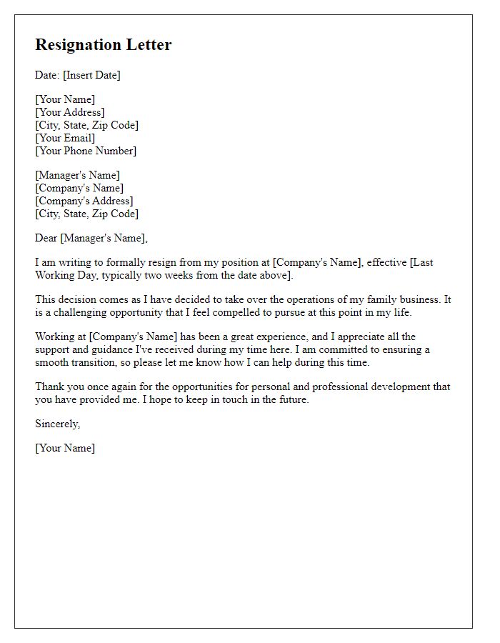 Letter template of resignation to take over family business operations