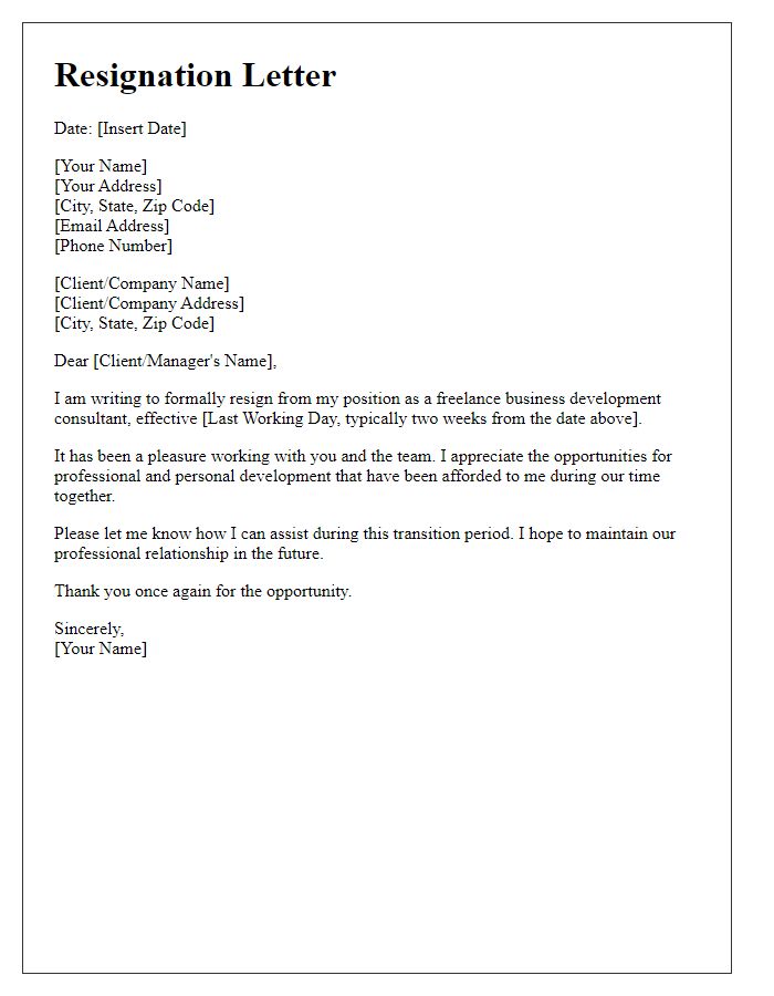 Letter template of resignation for freelance business development